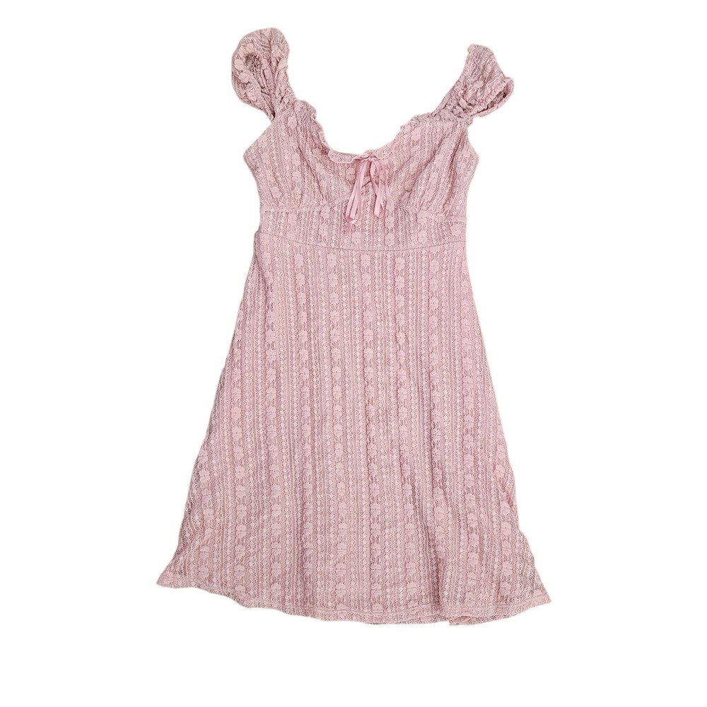 No Boundaries Pink Lace Mini Dress Ruffle Cap Sleeve Coquette stretch XS 0-2